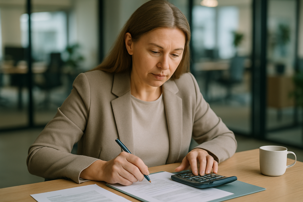 Vidēja vecuma latviete sēž pie galda modernā bankas stilā, aprēķinot izdevumus ar kalkulatoru un pildspalvu; uz galda redzami finanšu dokumenti, kuru saturs nav salasāms. Dabiska dienasgaisma, neitrāls korporatīvs izskats ar maigiem ac.lv krāsu akcen